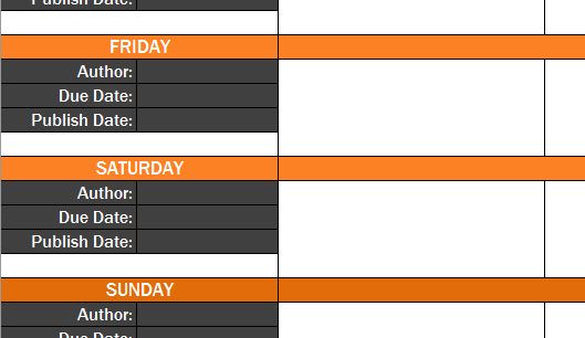 An empty blog editorial calendar schedule in Excel
