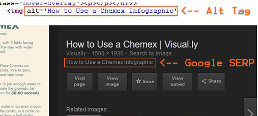 Img alt tag code example and Google Image Search with description highlighted