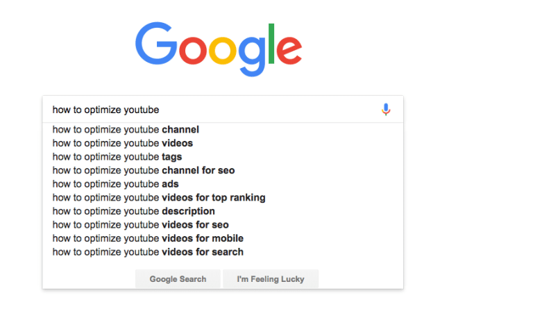A screenshot of Google's autocomplete feature as shown on a search for YouTube optimization.