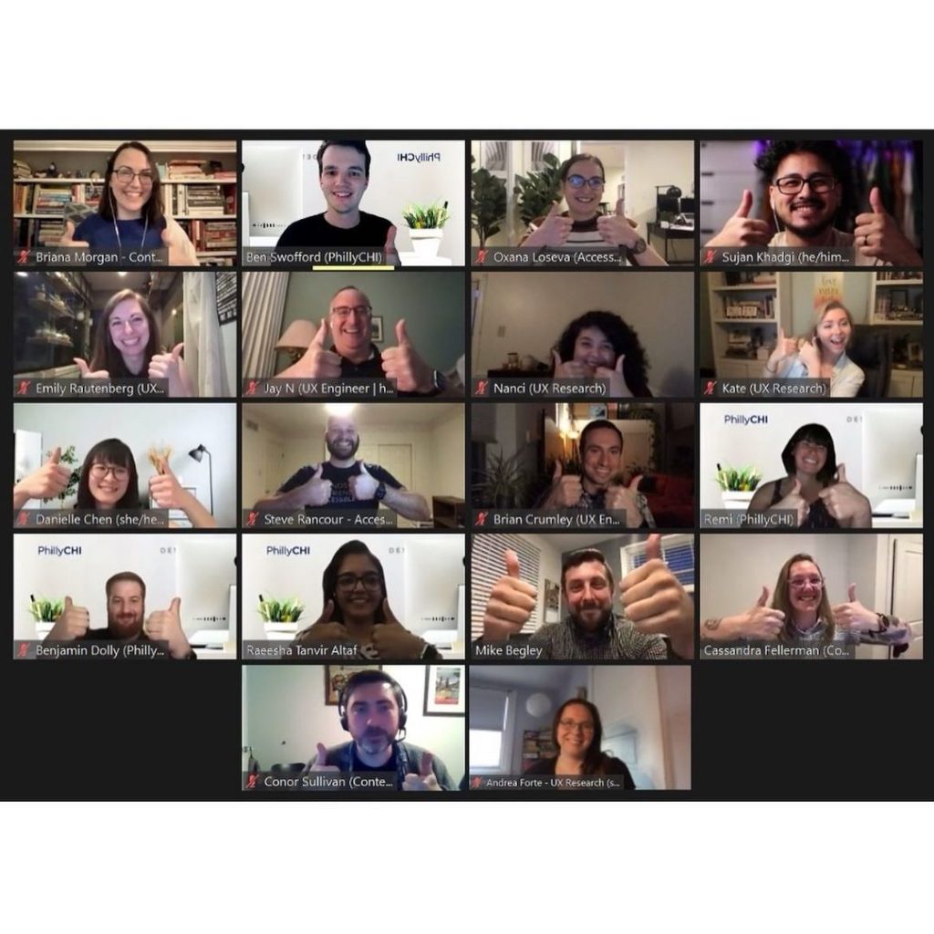 Zoom screenshot showing 18 smiling faces presenting in a PhillyCHI webinar.
