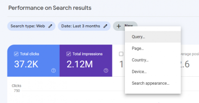 Screenshot showing how to select the Query filter in Google Search Console.