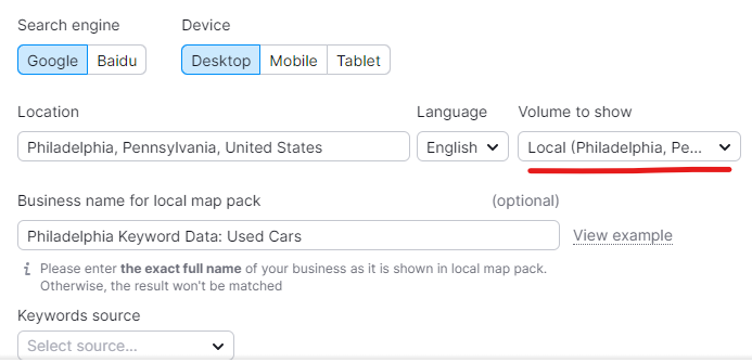 SEMRush location filter