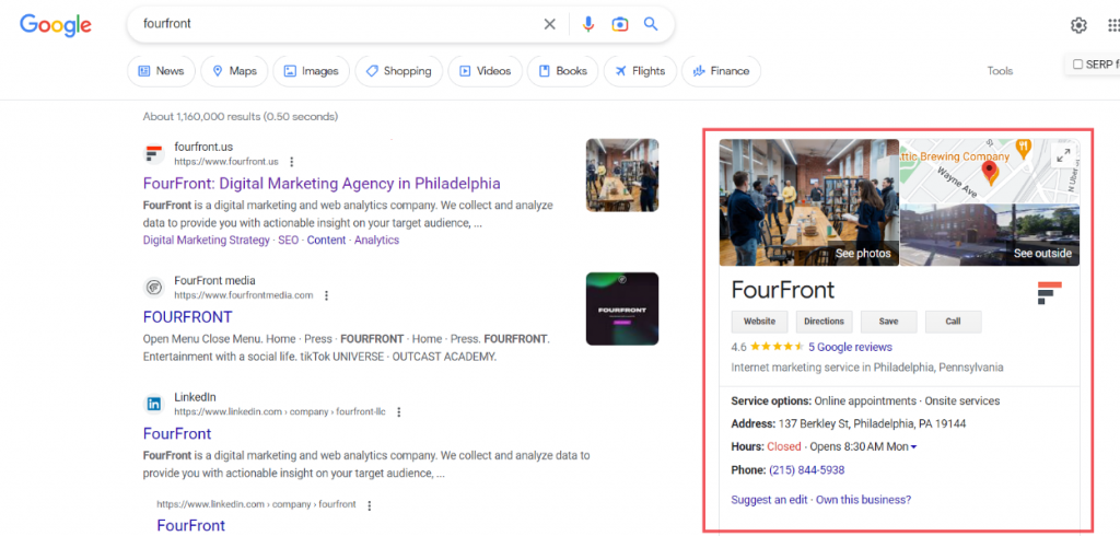 A screenshot of FourFront's Google Business Profile from Google Search.