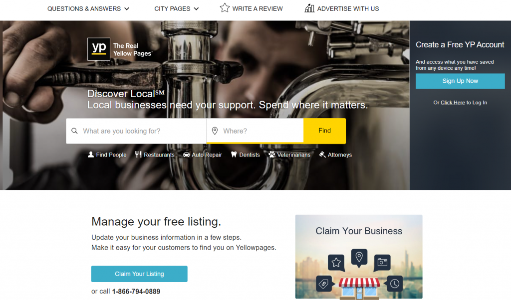 A screenshot of the home page on www.yellowpages.com.