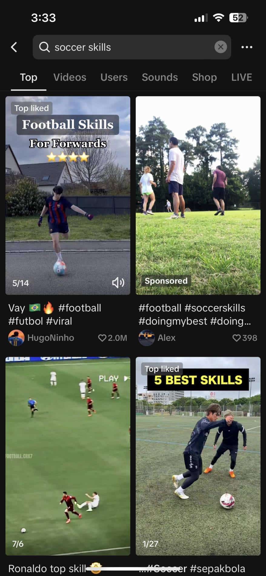 Search results page for "soccer skills" in the TikTok app.