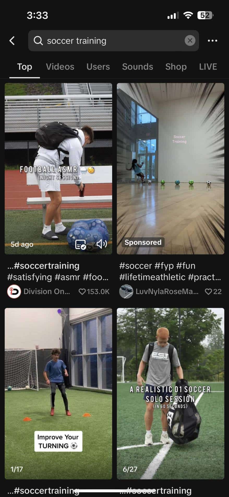 Search results page for "soccer training" in the TikTok app.