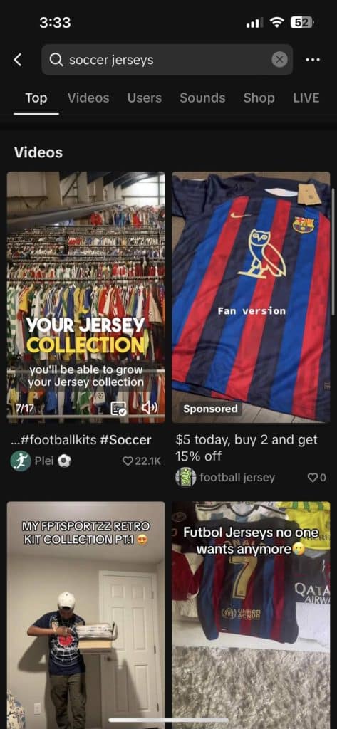 Search results page for "soccer jerseys" in the TikTok app.