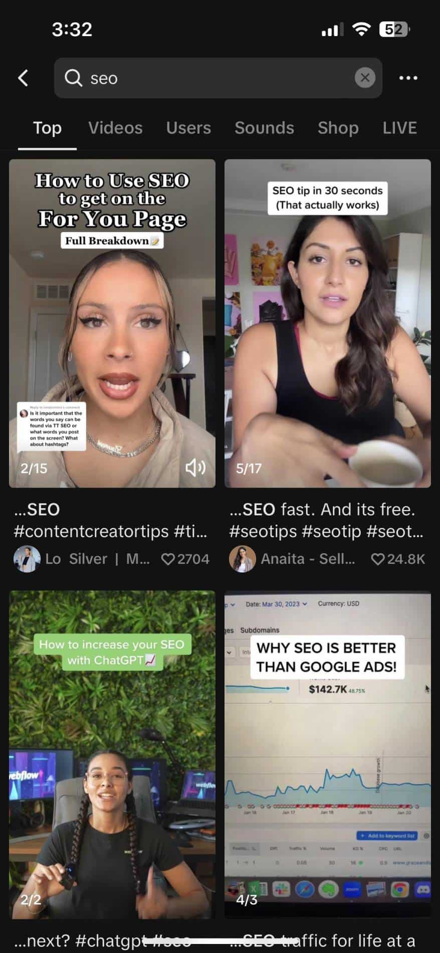 Search results page on the TikTok app.