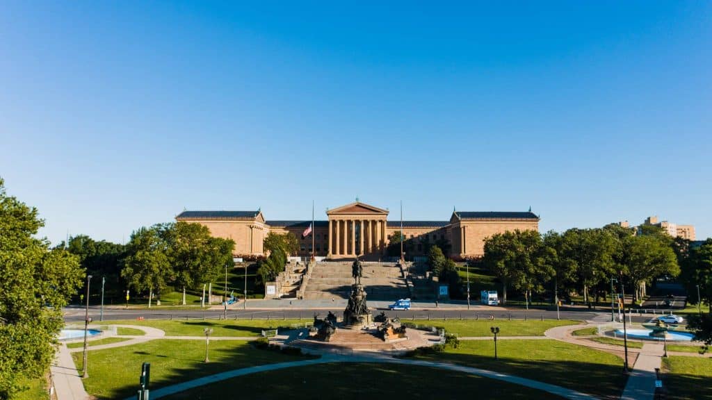 Front of Philadelphia Art Museum, bright blue sky