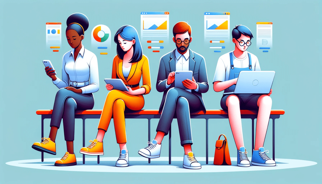 An illustration shows four people on a bench engrossed in their devices. A dark-skinned woman checks her phone, a blue-haired woman browses on a tablet, a bearded man reviews a tablet, and a black-haired person types on a laptop. Analytics icons float in the background.