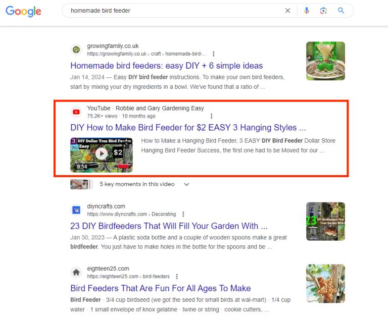 A screenshot of a SERP for a query related to making your own bird feeder which shows a rich result with a video.