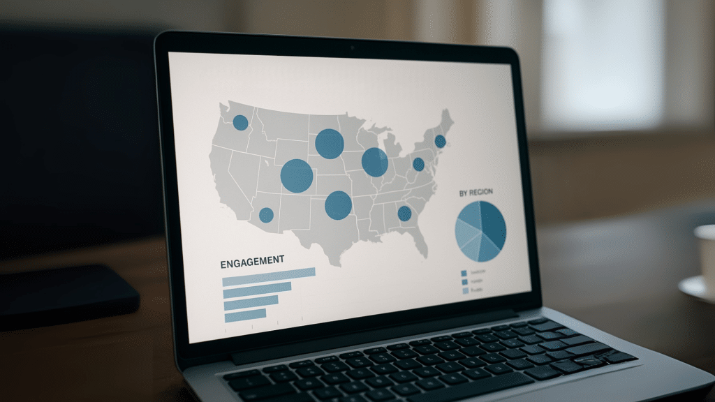 A computer screen shows a report with a map of the united states, with colored circles over certain target regions.