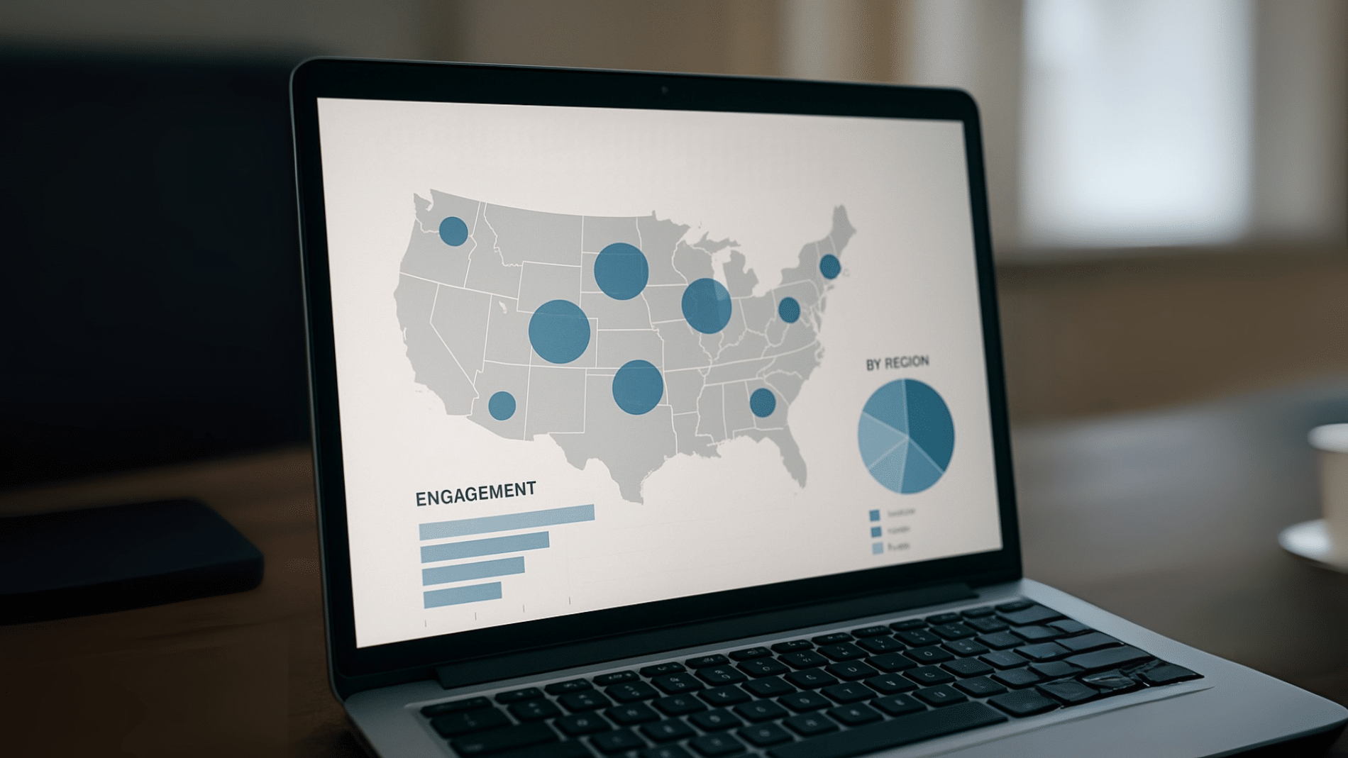 A computer screen shows a report with a map of the united states, with colored circles over certain target regions.