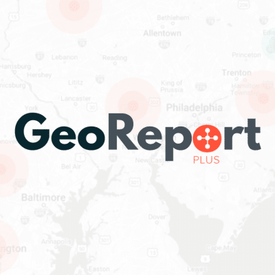 The word "GeoReport" is overlaid over a faded map graphic. The "o" in "Report" is covered over with an icon that looks like a plus sign, and the word "PLUS" is below it. This indicates that GeoReport PLus has to do with location-based data.