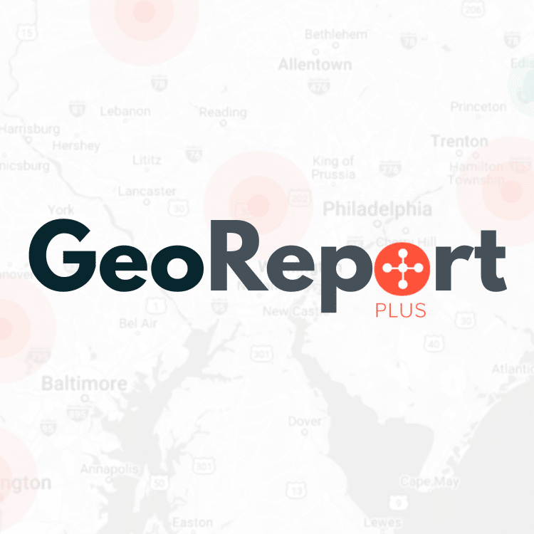 The word "GeoReport" is overlaid over a faded map graphic. The "o" in "Report" is covered over with an icon that looks like a plus sign, and the word "PLUS" is below it. This indicates that GeoReport PLus has to do with location-based data.