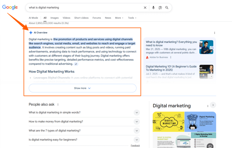 A screenshot from Google of the AI Overviews module for a search for "what id digital marketing?"